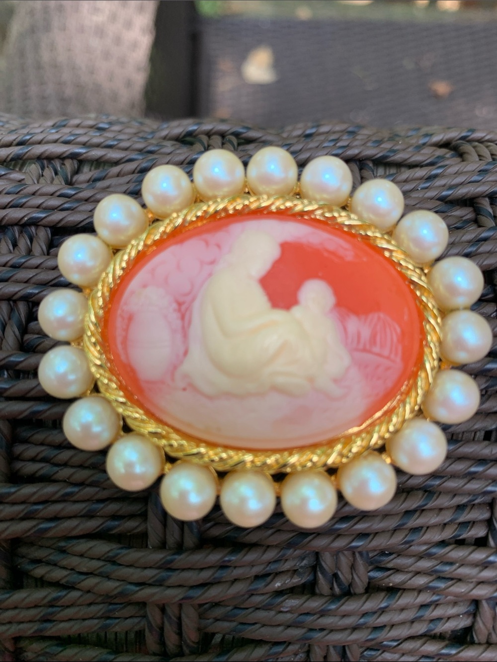 Vintage Cameo Pearl Frame Brooch of Mother and Child